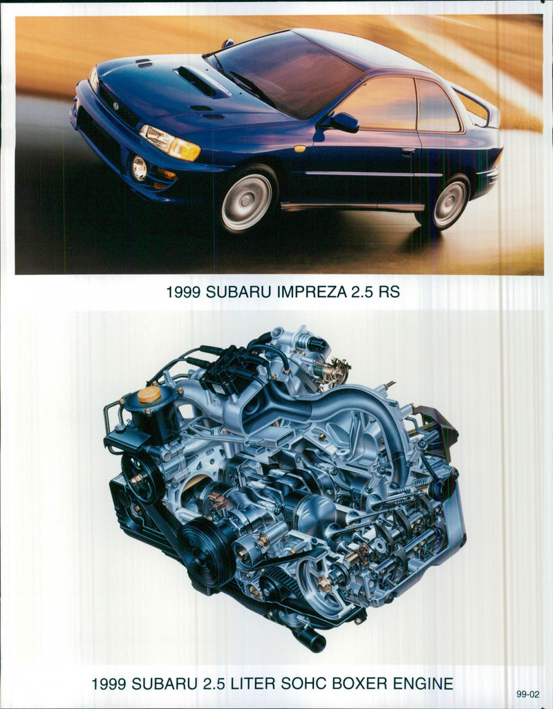 1999 Subaru Impreza 2.5 RS and 1999 Subaru 2.5 Liter SOHC Boxer Engine - Vintage Photograph