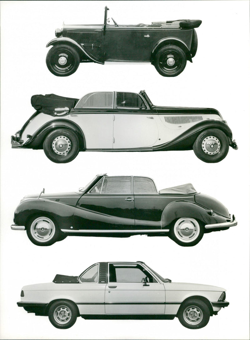 (top to bottom) 1932 BMW AM 4, 1937 BMW 327/28, 1959 BMW V8,  1984 BMW 323i - Vintage Photograph