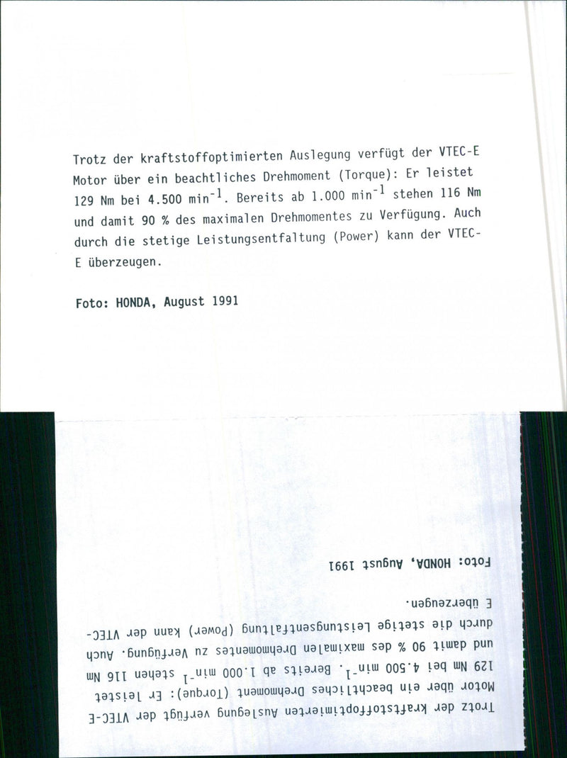 Graph Illustration of the Power and Engine Speed of the 1991 Honda VTEC-E Engine - Vintage Photograph
