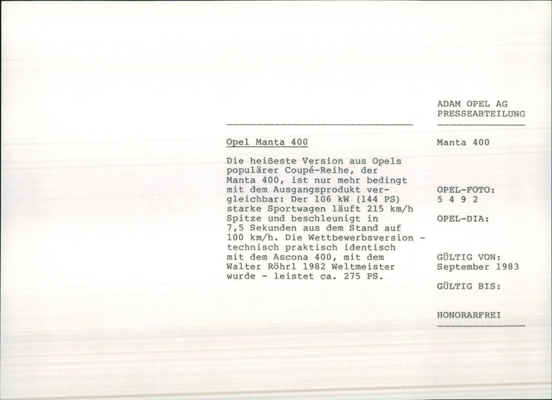 1980 Opel Manta 400 - Vintage Photograph
