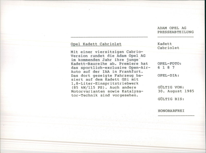 1985 Opel Kadette Cabriolet - Vintage Photograph