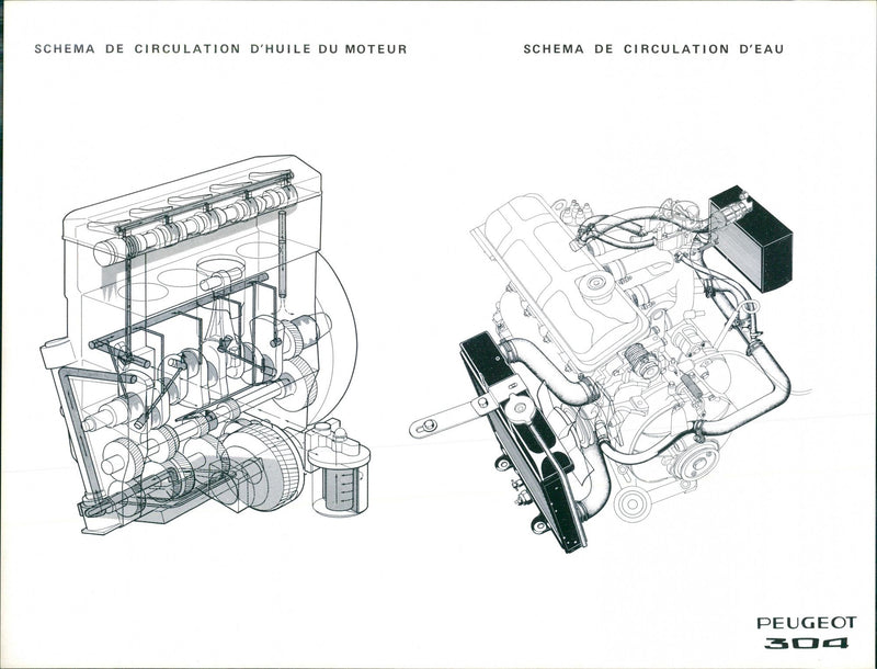 Peugeot 304 Engine Oil Circulation Diagram and Water Circulation Diagram - Vintage Photograph