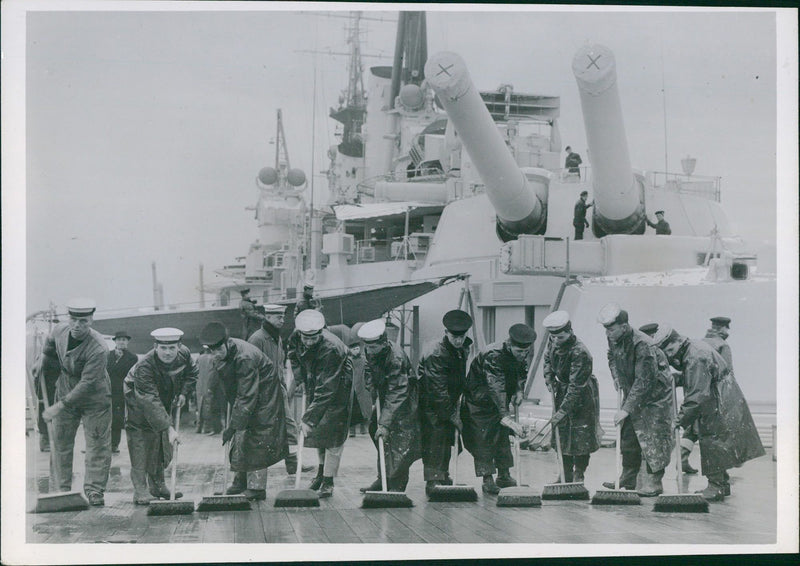 Crew of HMS Vanguard scrubbing the deck - Vintage Photograph