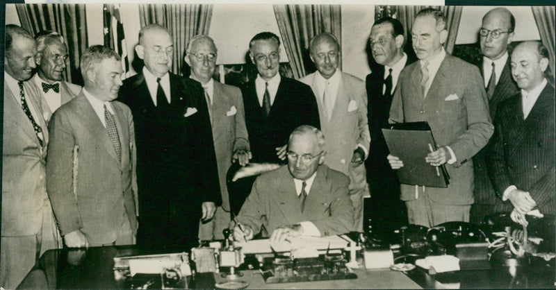 U.S. President Harry S. Truman signing the 12-nation Atlantic Pact - Vintage Photograph