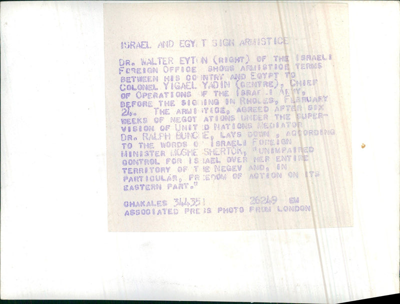 Israel and Egypt Sign Armistice. - Vintage Photograph