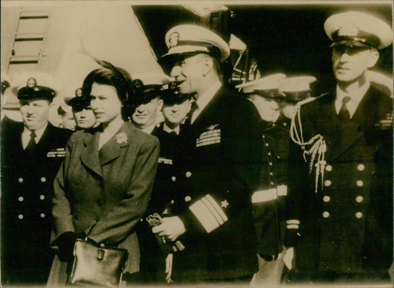 Princess Elizabeth with Vice Admiral J.J. Ballentine on U.S. warship at Malta - Vintage Photograph