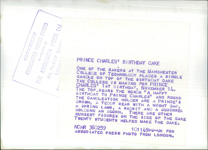 Prince Charles' Birthday Cake. Prince Charles' 1st birthday - Vintage Photograph