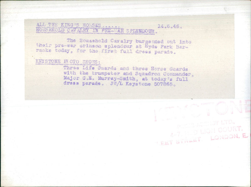 The Household Cavalry in full dress parade at Hyde Park Baracks - Vintage Photograph