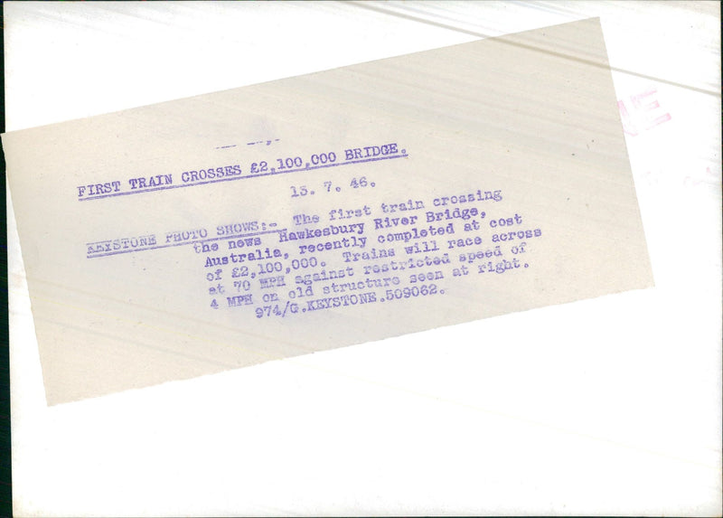 First Train Crossing to Hawkesbury River Bridge - Vintage Photograph