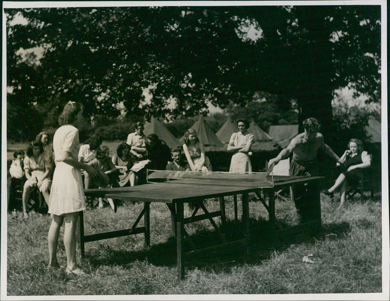 Campers playing ping pong - Vintage Photograph