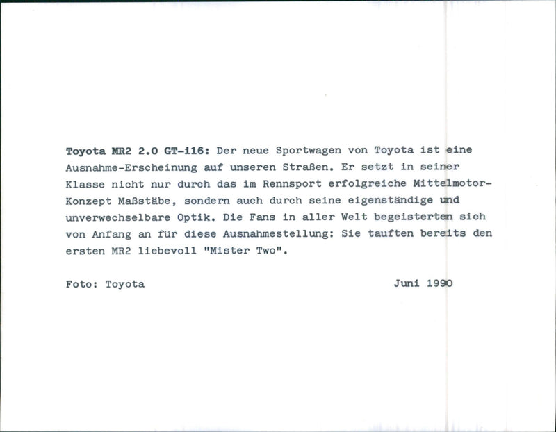 1990 Toyota MR2 2.0 GT-116 - Vintage Photograph