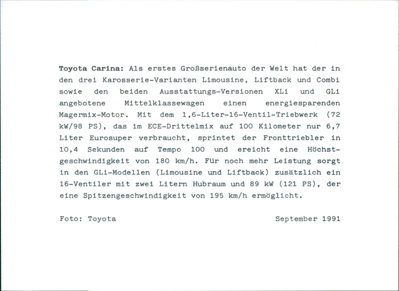 Toyota Carina Sedan, Toyota Carina Liftback and Toyota Carina Combi - Vintage Photograph