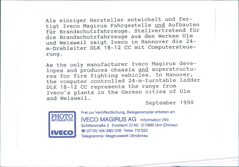 Iveco Magirus Turntable Ladder DLK 18-12 CC - Vintage Photograph