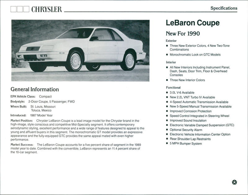 1990 Chrysler LeBaron Coupe - Vintage Photograph