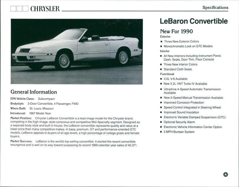 1990 Chrysler Lebaron Convertible - Vintage Photograph