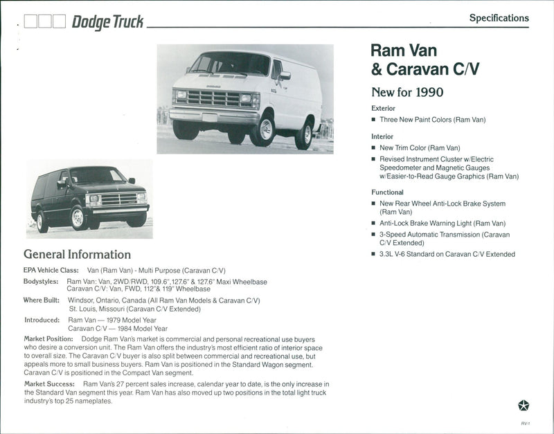 1990 Dodge Truck Ram Van & Caravan C/V - Vintage Photograph