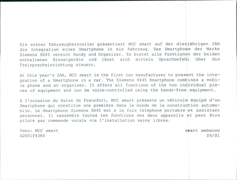 Siemens SX45 Smartphone in Smart Car - Vintage Photograph