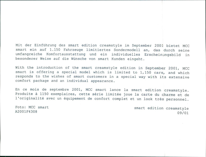 2001 Smart  Edition  Creamstyle - Vintage Photograph