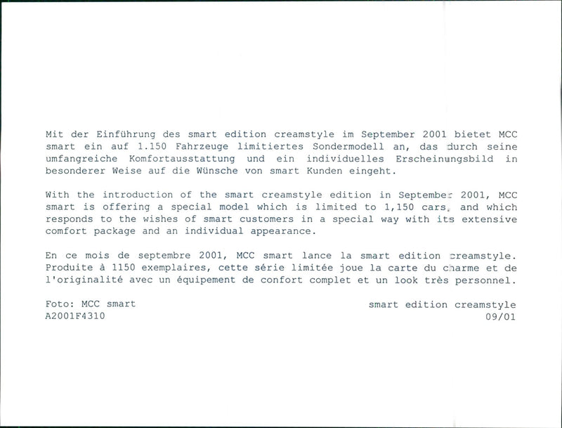 2001 Smart  Edition  Creamstyle - Vintage Photograph