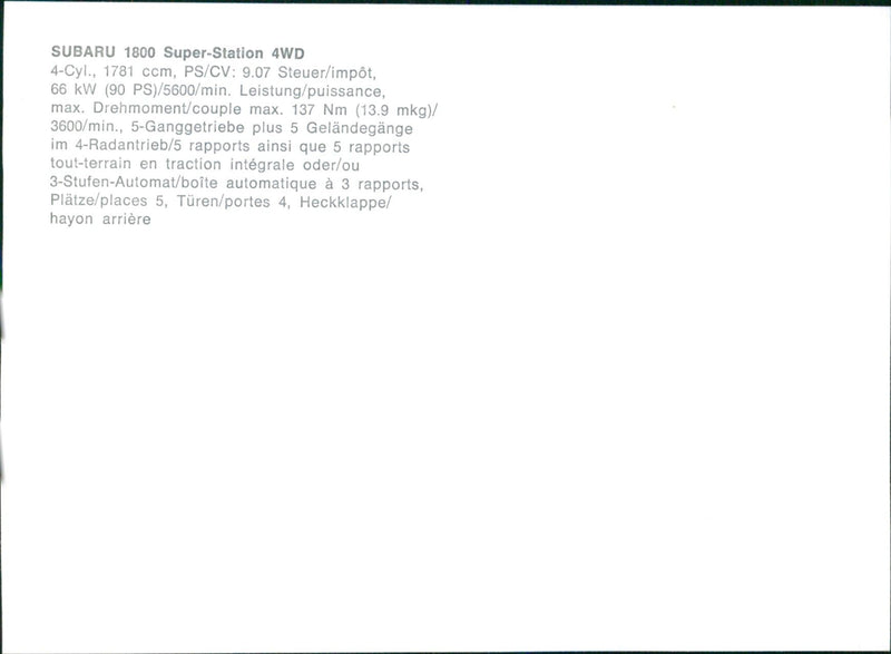 1985 Subaru 1800 Super-Station 4WD - Vintage Photograph