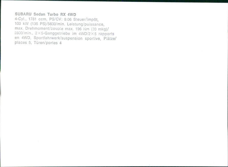 1985 Subaru Sedan Turbo RX 4WD - Vintage Photograph