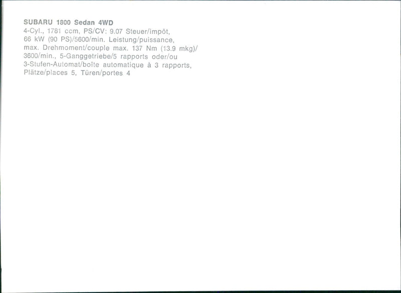 1985 Subaru 1800 Sedan 4WD - Vintage Photograph