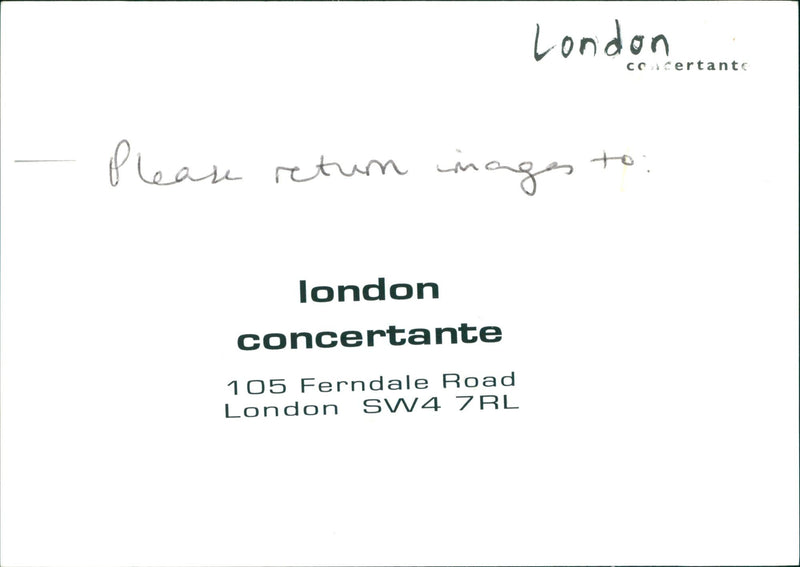 London CCce Please retum images london concertante 105 Ferndale Road London SW4 - Vintage Photograph