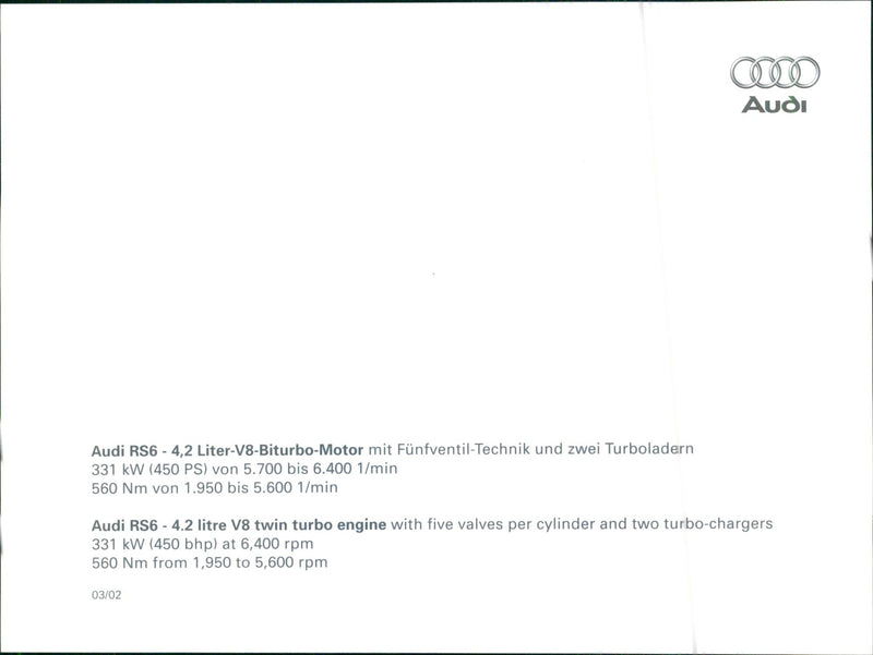 2002 Audi RS6 - 4.2 litre V8 twin turbo engine - Vintage Photograph