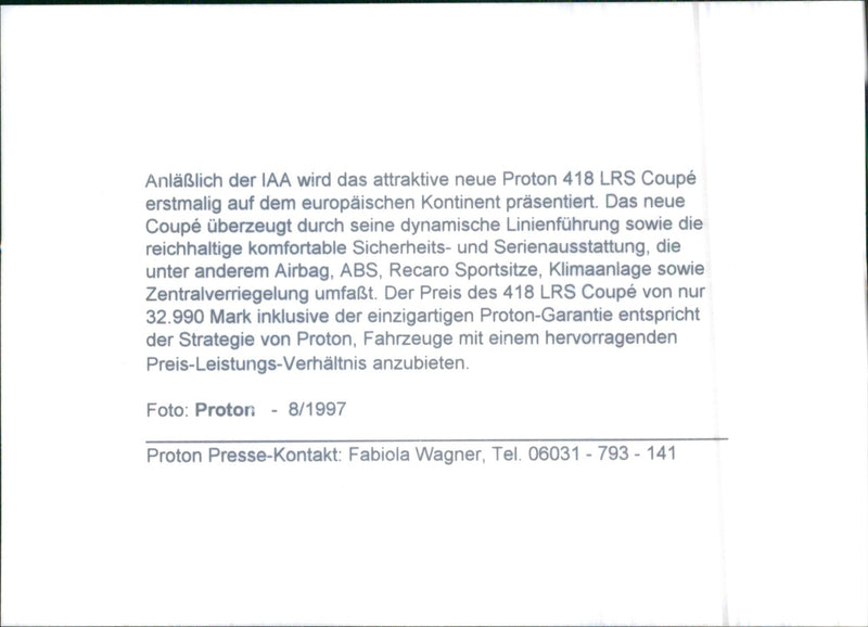 1997 Proton 418 LRS Coupé, rear view - Vintage Photograph