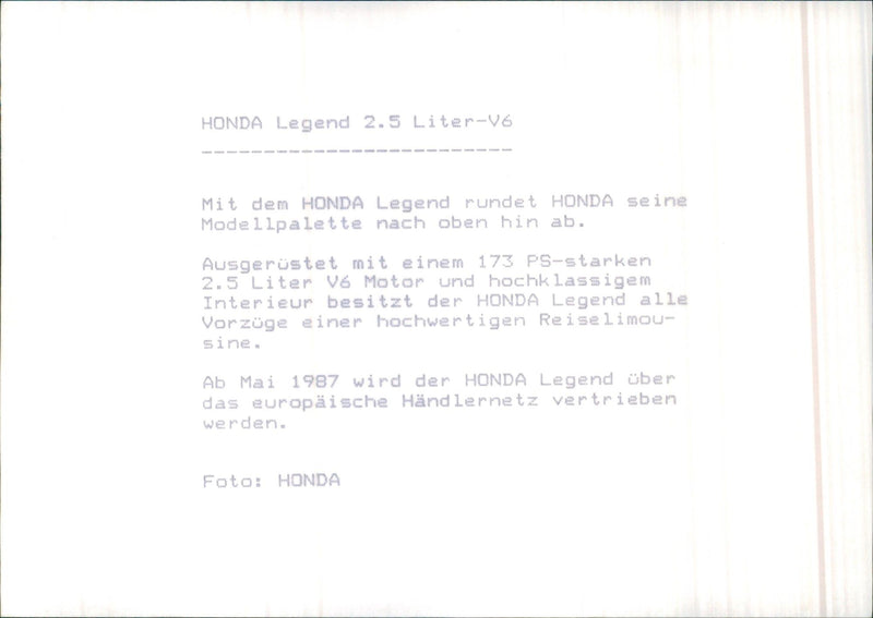 HONDA Legend 2.5 liter V6 - Vintage Photograph