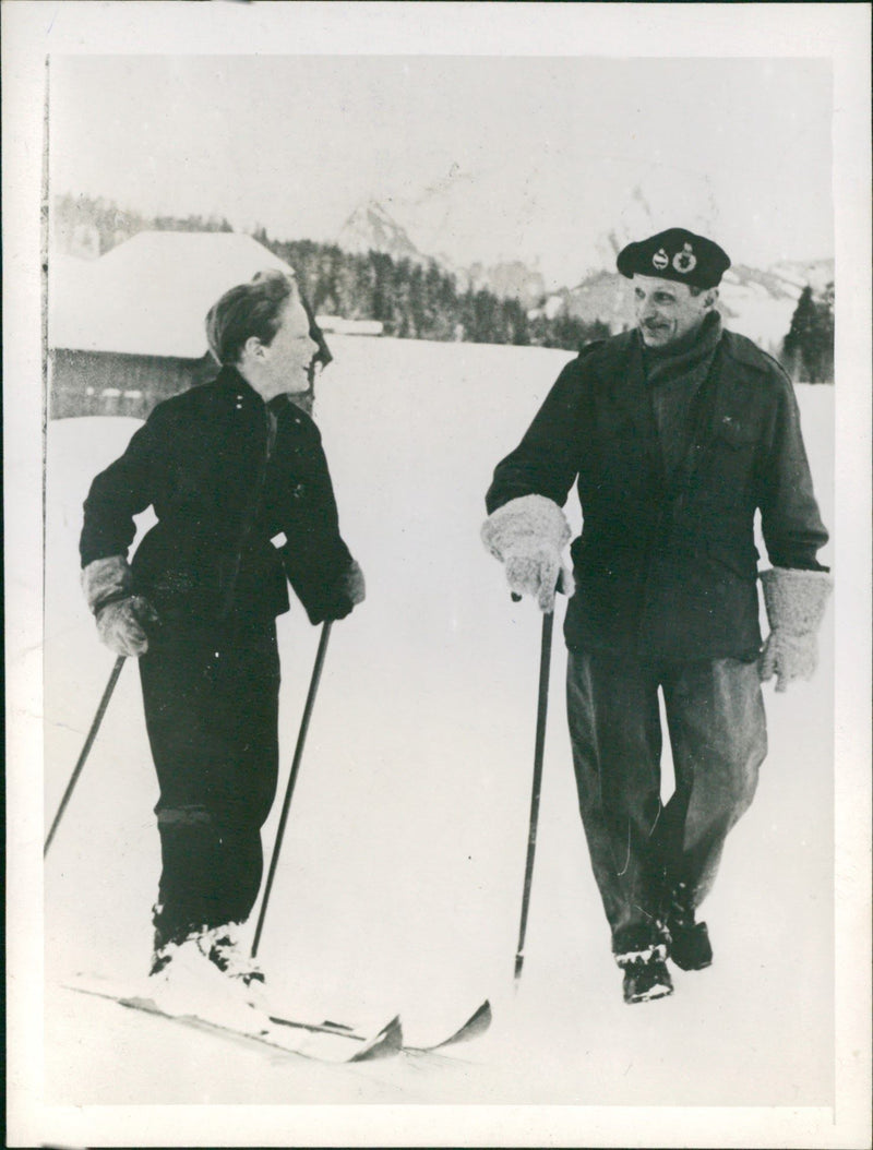 Field Marshall Bernard Montgomery learning to ski - Vintage Photograph