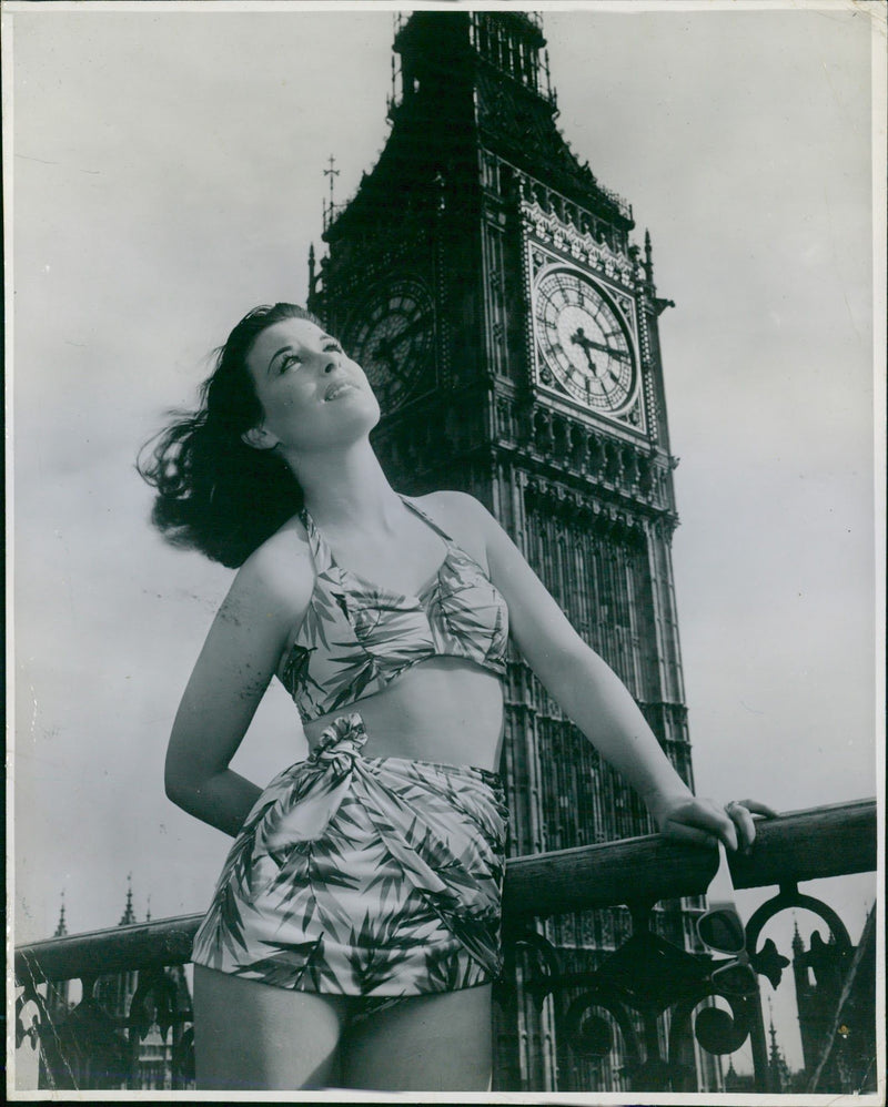 Woman in bikini with foliage print - Vintage Photograph