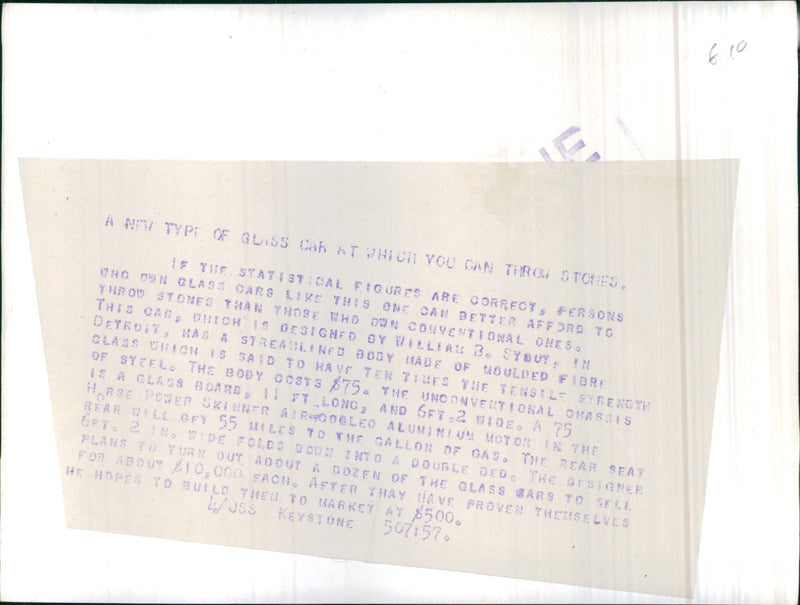 Glass car designed by William B. Stout. - Vintage Photograph