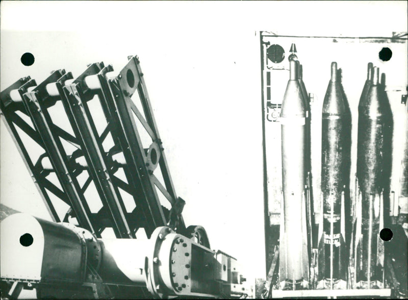 Three "Tarnen" rockets and their launch pads. - Vintage Photograph