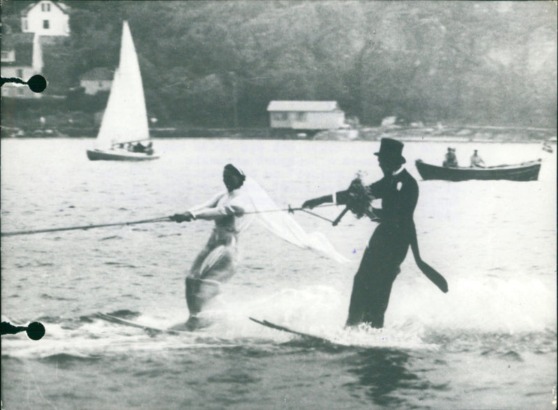Honeymoon waterskiing in Sweden - Vintage Photograph