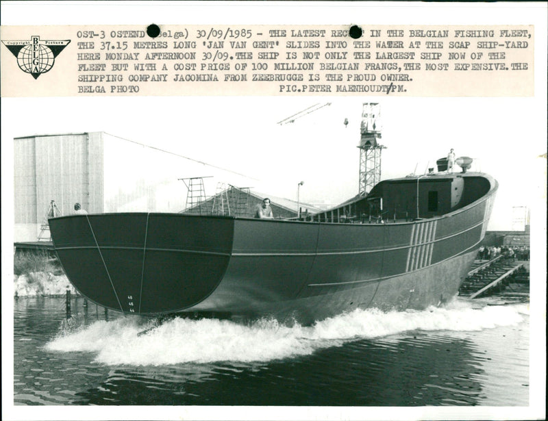 Jan van Gent, the Belgian fishing boat gets into the water - Vintage Photograph