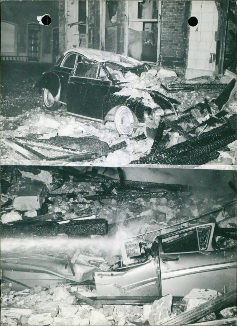 Two heavily damaged cars due to explosion and fire in Leuven - Vintage Photograph