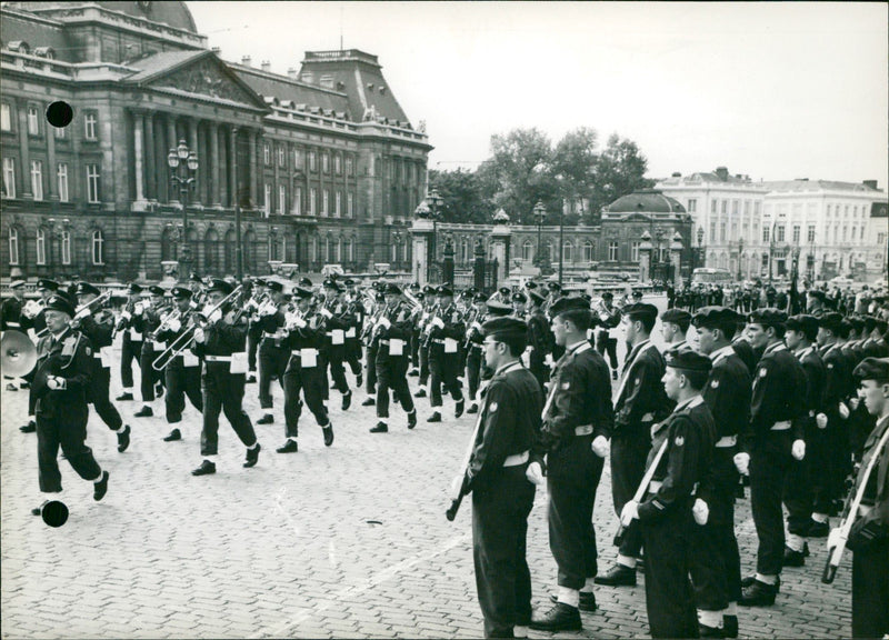 March at the Royal Palace on the birthday of the Belgian King. - Vintage Photograph