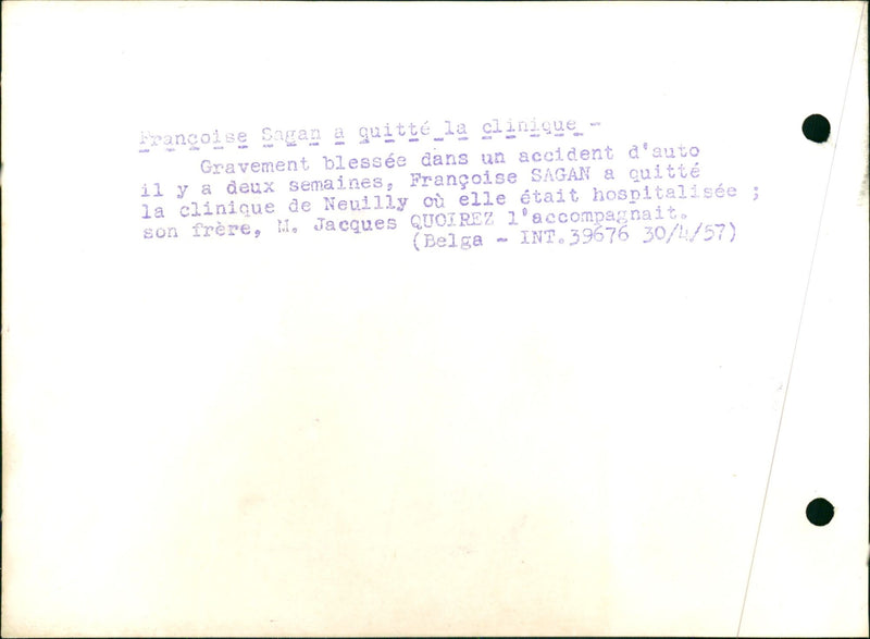 Françoise Sagan leaving clinic in Neuilly - Vintage Photograph