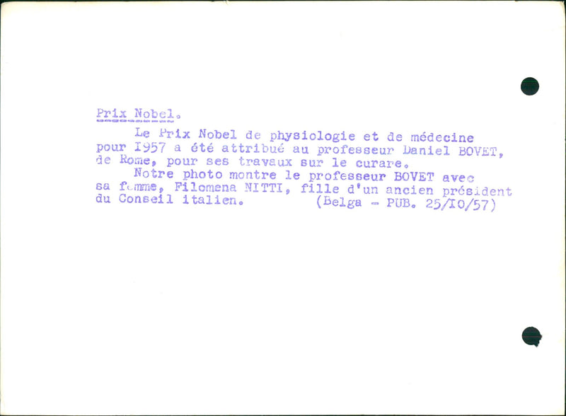 Professor Daniel Bovet with his wife, Filomena Nitti - Vintage Photograph