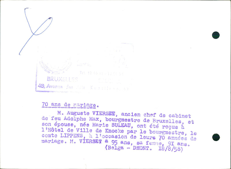 Auguste Vierset and Marie Suleau celebrate 70 years of marriage. - Vintage Photograph