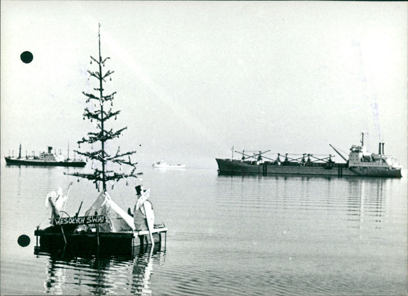 A floating Christmas Tree installed by a Polish ship crew - Vintage Photograph