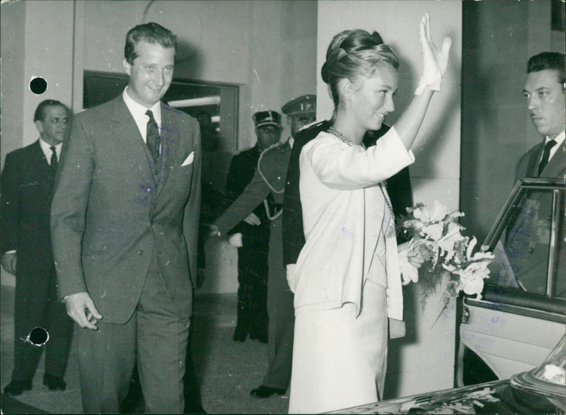 Princess Paola waiving, accompanied by Prince Albert - Vintage Photograph