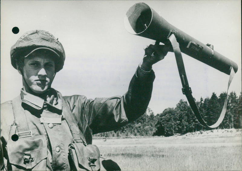 Soldier holding a pocket bazooka - Vintage Photograph