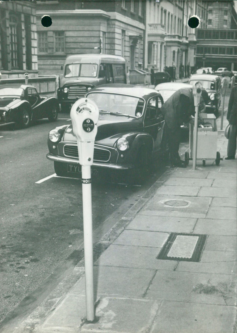 First parking meters in London in 1958. - Vintage Photograph