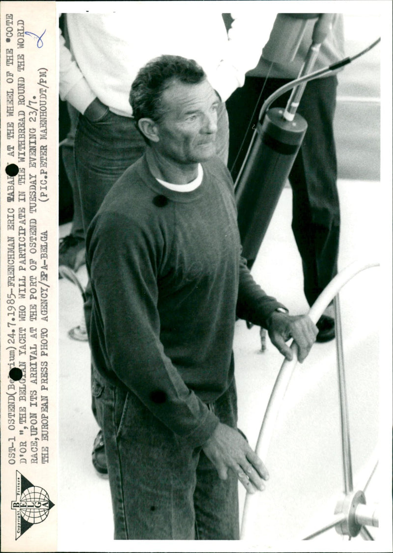 Éric Marcel Guy Tabarly at the rudder of the "Cote D'or" in 1985 - Vintage Photograph