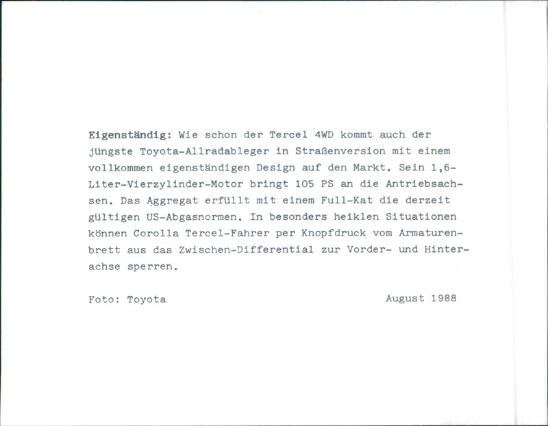 1988 Toyota Tercel 4WD - Vintage Photograph