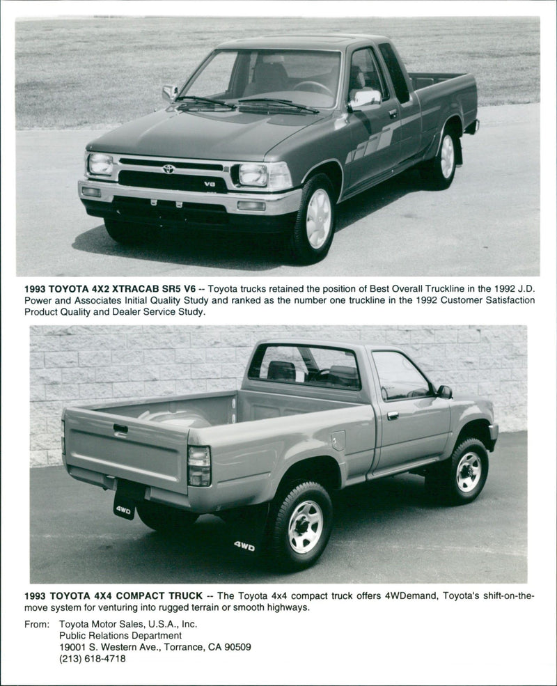 1993 Toyota 4X2 Xtracab SR5 V6 and 1993 Toyota 4X4 Compact Truck - Vintage Photograph