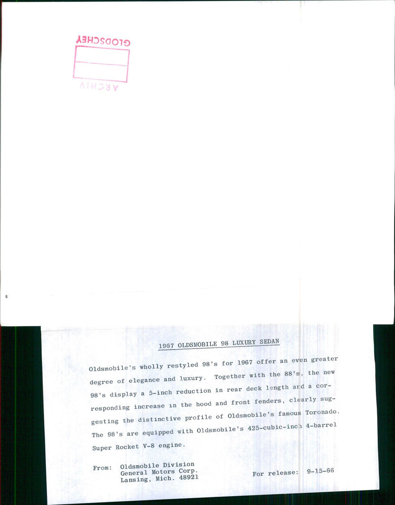 1967 Oldsmobile "98" Luxury Sedan - Vintage Photograph