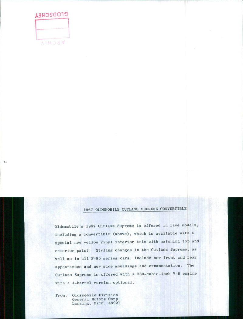 1967 Oldsmobile Cutlass Supreme Convertible - Vintage Photograph